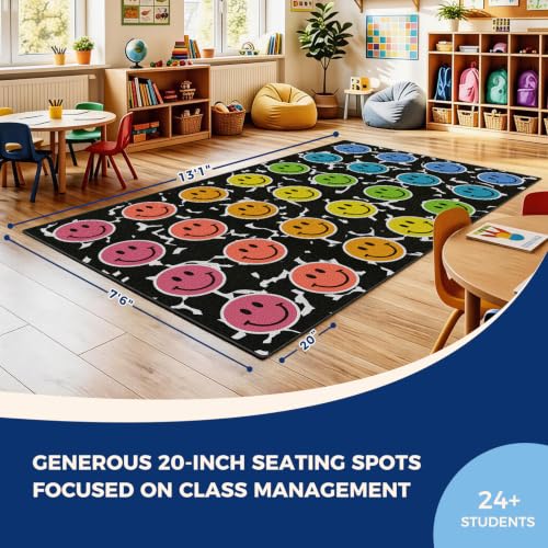 Image of Booooom Jackson Smile Face Classroom Rug 7'6 inch x 13'1 inch - Large Black Area Rug with 24 Colorful Seating Spots - Non-Slip Carpet for Elementary School, Daycare, Preschool, and Home Playroom