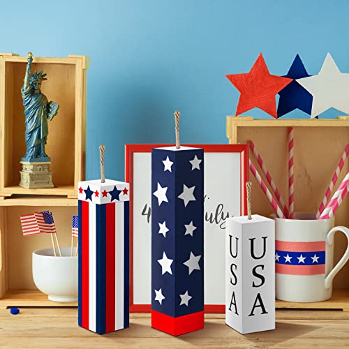 Image of Amyhill 3 Pcs 4th of July Decorations Set Wooden Patriotic Table Centerpieces Independence Day Wood Firework Fourth of July Table Signs for 250th Anniversary Home Farmhouse Decor (Flag)