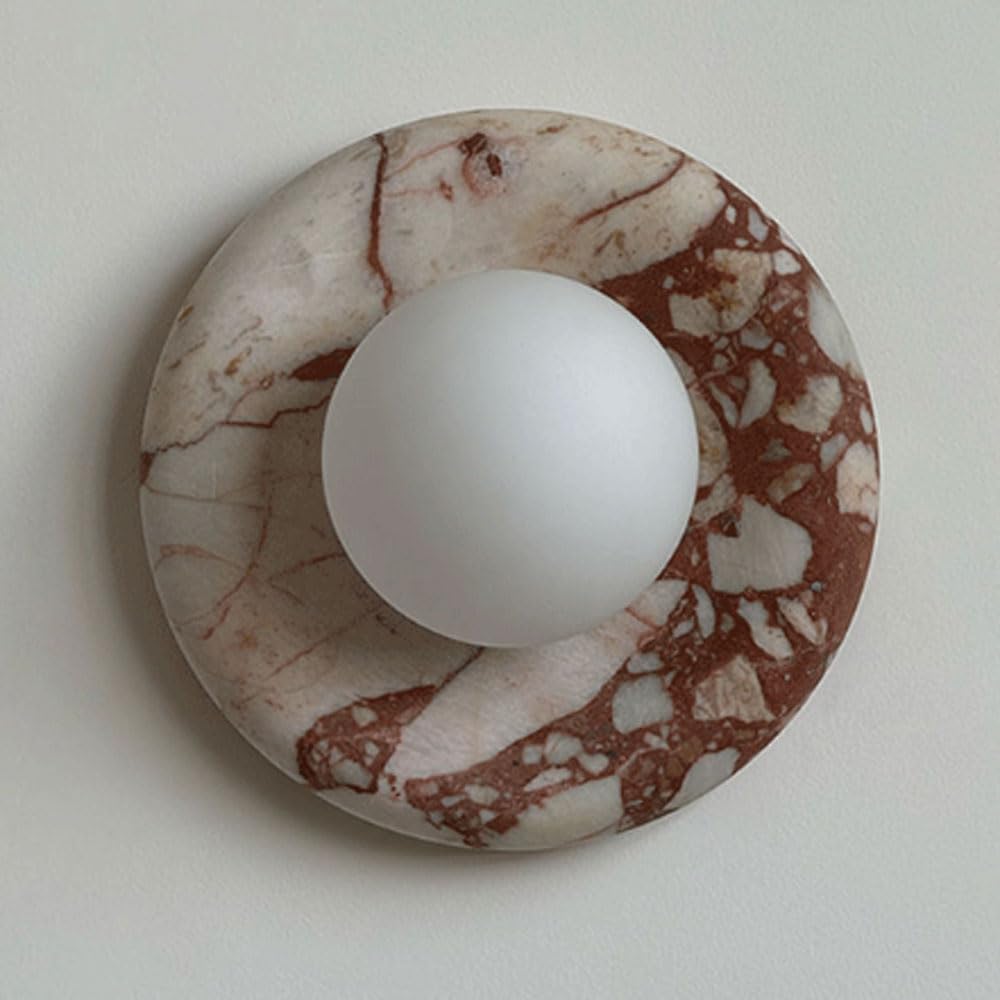 ZGDHWCR G9 Screw Marble Wall Sconce, 7.8in Round Natural Stone Wall Lamp, Globe Glass Lampshade, Bedroom Living Room Staircase Wall-Mounted Decorative Lighting Fixtures