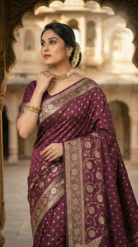 Image of C J Enterprise Women's Pure Soft Silk Saree With Blouse Piece For Wedding (Jiya)