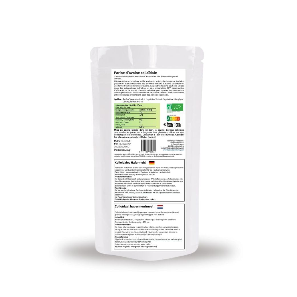 Avoine Colloïdale Bio Poudre Ultra-Fine – Riche en Bêta-Glucanes & Avénanthramides – Fibres & Protéines – Porridge, Smoothie, Usage Libre – 200g – Production Française