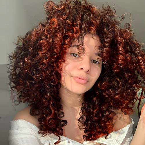 Yeame Curly Wigs For Black Women - Curly Afro Wig With Bangs Orange Mixed Brown Synthetic Hair Afro Curly Wigs With 1 Wig Comb And 4Pcs Wig Caps #TOP1