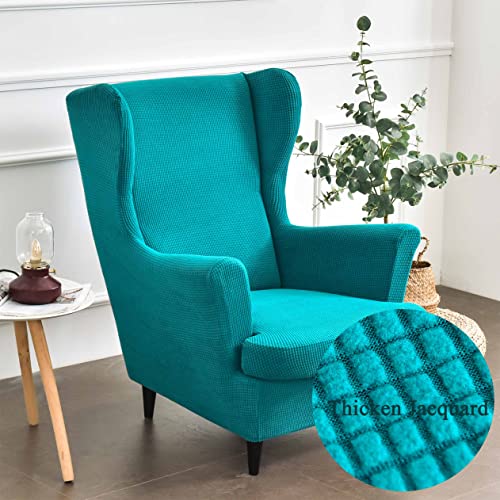Highdi Funda de Sillón de Orejero Elástica, Color sólido Jacquard Espesar Relax Funda de Sofá con Funda de Cojín 2-Piezas, Fundas Protector de Butaca para Strandmon, Dormitorio (Turquesa)