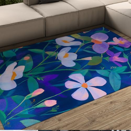 Tapis bleu à fleurs géométriques pour chambre et salon cosy - 2
