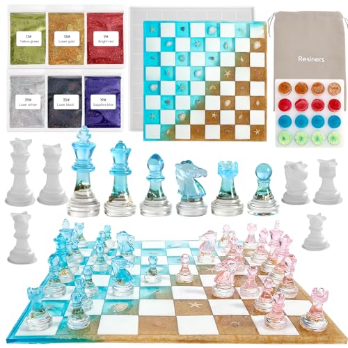 Chess Mold Set, Resiners Chess Molds for Resin Casting with Full Size 3D Silicone Chess Checkers & Chess Board, Epoxy Silicone Resin Molds for Family Party Board Games (Checkers & Chess Board)