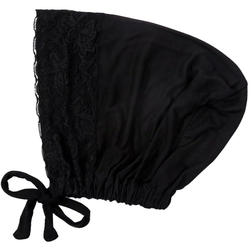 Casiler Women's Black Hijab Undercap Muslim Turban Hat With Elastic Strap Lace Headscarf Hat Adjustable Islamic Under Hijab Cap Under Scarf Bonnet