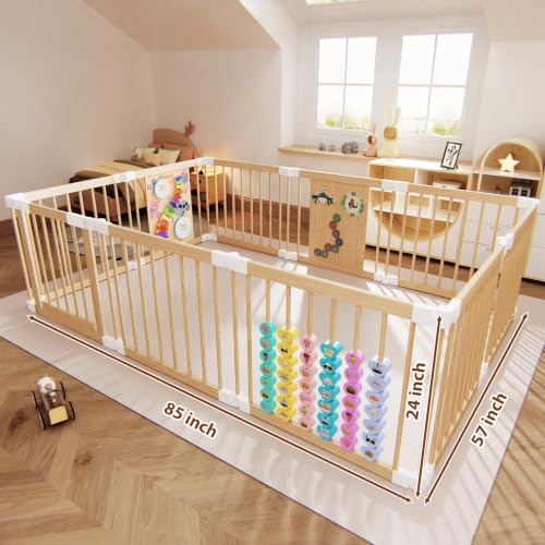 Image of Wooden Baby Playpen, Foldable Play Yard with Built-in Toys 85 inchx57 inch | Natural Wood Playpen with Child-Proof Lock, Easy Assembly and Clean, for Babies & Toddlers, CPC Certified & SGS Tested