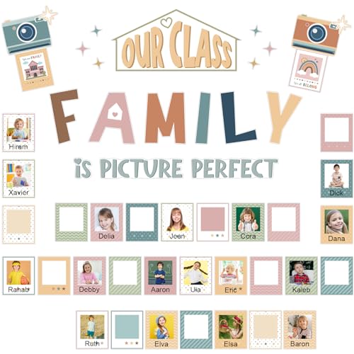 Image of Watersay 52 Pcs Boho Bulletin Board Decor for Classroom, Our Class is a Family Picture Frame Bulletin Board Set for Teachers Chalkboard School Home Door Decor