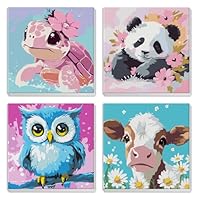 MXJSUA 4 Pack Paint by Numbers Kit for Kids with Frame, Animal Kids Paint by Number for Ages 6-8-12, Turtle Panda Owl Cow Pattern on Canvas, DIY Acrylic Oil Paints for Home Wall Decor 20x20cm