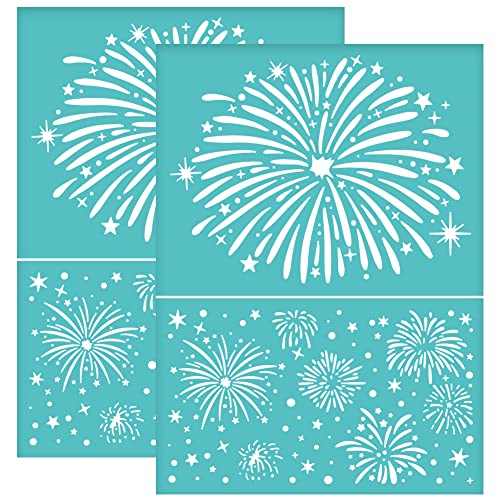OLYCRAFT 2Pcs Fireworks Self-Adhesive Silk Screen Printing Stencil Independence Day Fireworks Silk Screen Stencil Reusable Mesh Stencils Transfer for DIY T-Shirt Fabric Painting 5.5x7.7 Inch