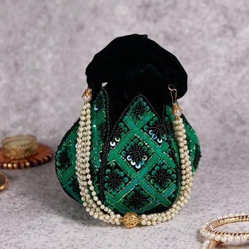 Image of THE TAN CLAN Pushp Zardozi Embroidered Mini Lotus Potli Bag - Handcrafted Silk Pouch with Intricate Zardozi & Lotus Design for Weddings, Bridal Accessories, and Special Occasions