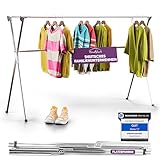 HeimGlück Kleiderständer - Wäscheständer Silber [Ausziehbar 1.35-2.00m, Klappbar und sehr Stabil Edelstahl] Jackenständer, Garderoben-Ständer, Flurgarderobe, Organizer, offener Kleiderschrank