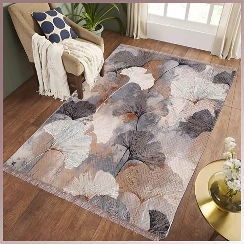 Image of Sparrow World Holland Velvet Quilted Printed Foam Padded Carpet - Premium Home Decor Rug for Living Room, Bedroom, Kitchen, Drawing Room, Hall, Guest Room (5 x 7 Feet) (Coffee-Leaf)