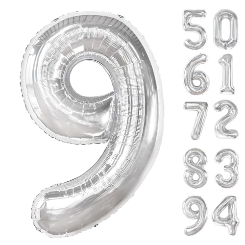 Image of Silver 9 Balloon, Number Balloons 40 Inch, 9th Giant Birthday Decorations, 19th 29th Silver Party Decorations Supplies, Number 9 Balloon