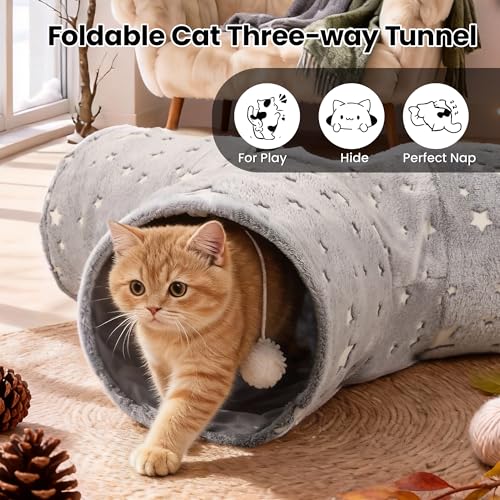 Image of Tempcore 3-Way Collapsible Cat Tunnel Toy with Self-Luminous Tube & Teaser Wand, Peek Holes & Hanging Ball, Photoluminescence Play Tunnel for Indoor Cats, Puppy, Rabbit