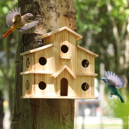Bird Houses for Outside Wooden 6 Hole Birdhouse Room for Multi-Birds Families Bluebird Finch Outdoor Hanging Bird House for Garden Backyard Patio