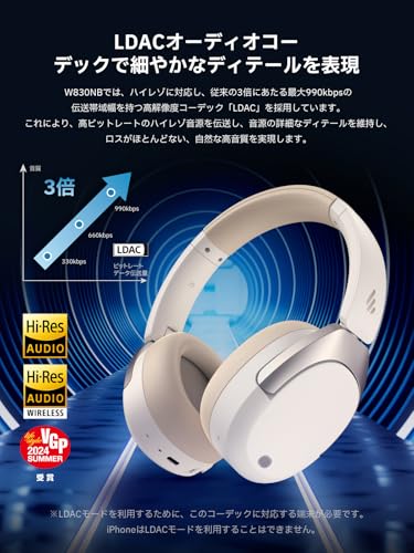 「VGP2024 SUMMER受賞」Edifier W830NB ワイヤレス ヘッドホン ノイズキャンセリング Bluetooth 5.4 ハイレゾ/LDAC対応 最大94時間再生 マルチポイント接続 高性能マイク搭載 空間オーディオ 外音取り込み 通話柔らかい 専用アプリ 折り畳み可能 軽量267g アイボリーホワイト
