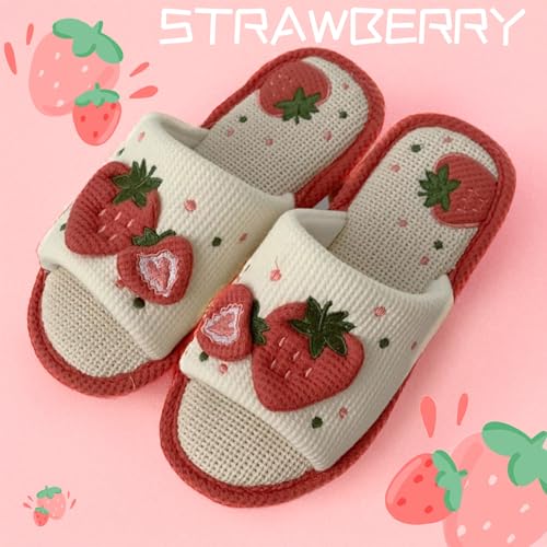 Strawberry Slippers Kawaii Indoor All-season Non-Slip Slides for Women Girl Linen Strawberry Stuff Cotton Shoes Home Gift2