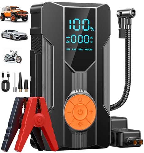 HIPOM Jump Starter with Air Compressor, Car Battery Jump Starter (8.0 Gas/7.0L Diesel), Battery Jumper Starter Portable Jump Box, 12V Portable Car Jump Starter with Tire Inflator, LED Light
