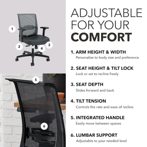 Image of HON Convergence Ergonomic Office Chair with Mesh Back, Vinyl Seat Cushion, Adjustable Arms, Lumbar Support, Synchro‑Tilt Swivel Desk Chair with Wheels for Home Office, Black Frame, Black