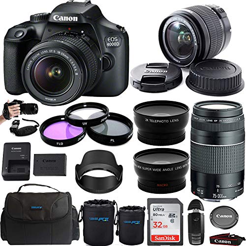 Canon EOS 4000D Digital Camera with EF-S 18-55mm f/3.5-5.6 III Lens + Canon EF 75-300mm f/4-5.6 III Telephoto Zoom Lens - Premium Bundle (International Version)