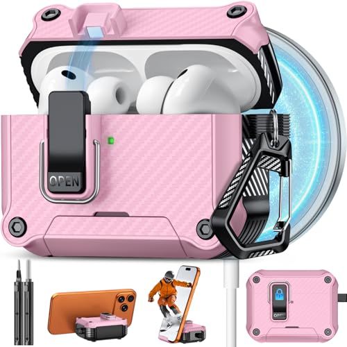 Image of Pohgelan for AirPods Pro 3 Case with Safety Lock-Pink | Carbon Fiber Texture Cover,Magnetic Automatic Lock with Cleaning Kit&Keychain,Compatible with Magsafe