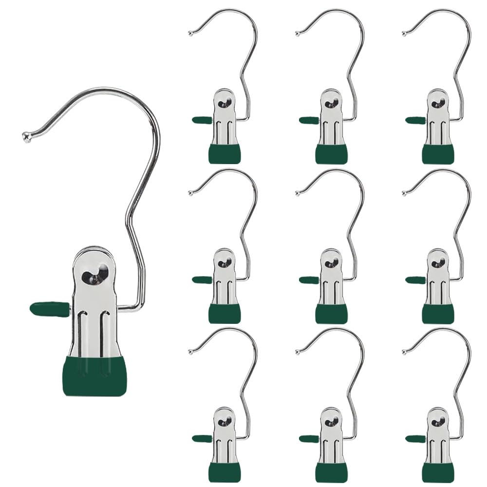 Hangers Clips,Stainless Multi Function Clip Hooks,Laundry Hanging Hooks Clips,Closet Hangers,Boot Clips， Hats Clips,Socks Clips,Pants Clips, Bras Clips (10, Dark Green)