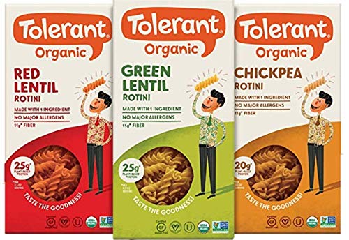 Tolerant Organic Gluten Free Rotini Pasta Variety Pack (Green Lentil, Red Lentil, Chickpea), 8oz - Case of 3, Plant Based Protein, Vegan Pasta, Single Ingredient Protein Pasta, Whole Food, Clean Pasta