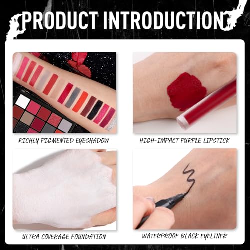 UCANBE Red Halloween Makeup Kit – Clown Vampire Joker Demon Makeup Set for SFX Costume Cosplay with Eyeshadow Palette, White Foundation, Red Liquid, Black Eyeliner, Setting Powder & Sponges - Image 6