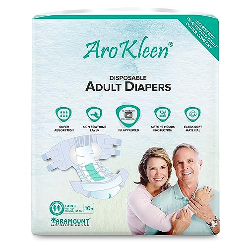 Image of AROKLEEN (ISI CERTIFIED) Premium Adult Diapers, Tape Style, Large (L) Size, 10 Count, Waist Size (101-150 CMS || 40 inch- 59 inch Inch), Unisex, High Absorbency, Leak Proof, Wetness Indicator - PACK OF 1