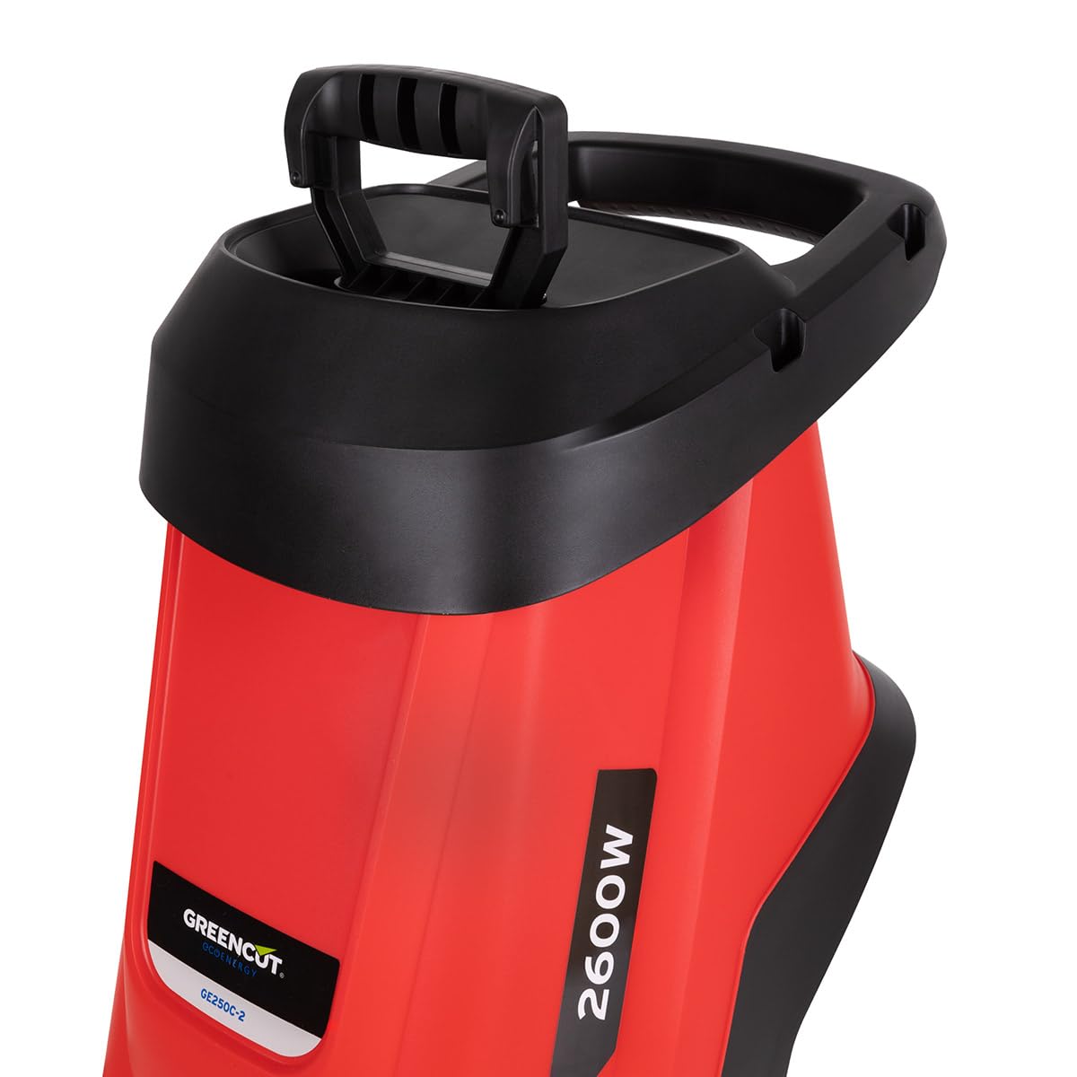 GREENCUT GE250C-2 - Biotrituradora eléctrica, Potencia 2600W, Capacidad de Corte 45mm, tolva de Gran tamaño, 2 Bolsas de Recogida de 45l, Ruedas y asa para Transporte, Rojo
