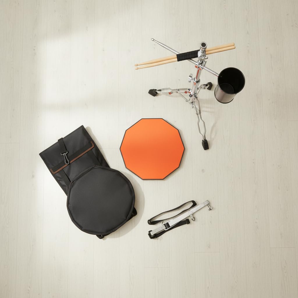 Caja Sorda para Percusión - Almohadilla Práctica Silenciosa con Baquetas y Soporte para Bateristas Principiantes - para Ensayos, Naranja