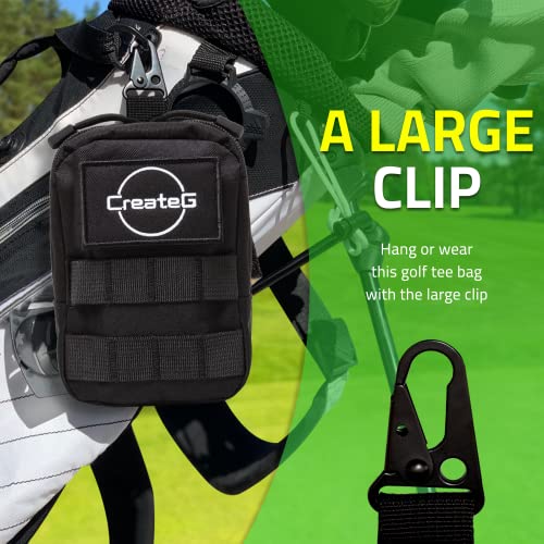 CreateG Golf Tee Bag, Professional Zipper Golf Players Valuables Tee/Ball Pouch Bag, Zipper Golf Utility Pouch with Clip to Attach on Golf Bag and Waist (Black)