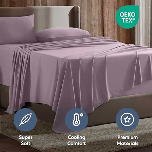 Image of Nestl Short Queen Bed Sheet Set - Dusty Purple - 4-Piece Deep Pocket | Instantly Soft, Night-One Ready (No Wash Required). Fits 16-Inch Deep Pockets, 360-Degree Elastic Grip