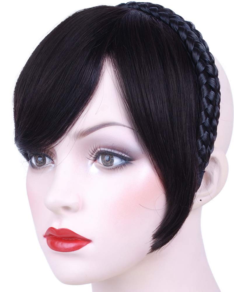 LEBIYOU Fashion One Piece Headband Neat Plaited Braid Hair Extensions Bands  For Girl Women (Human Hair Frange Bang, Natural Black)