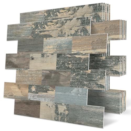 DEWOO 20-Sheet Peel and Stick Wall Tile Kitchen Backsplash,PVC Self Adhesive Background Distressed Wood,Green (13.5