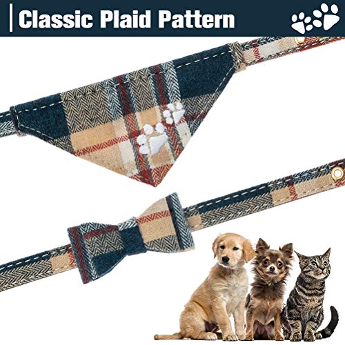 EXPAWLORER Dog Collar and Lead Set, Classic Plaid Bow Tie and Embroidery Pawprint Bandana Dog Collar with Bell - Image 3