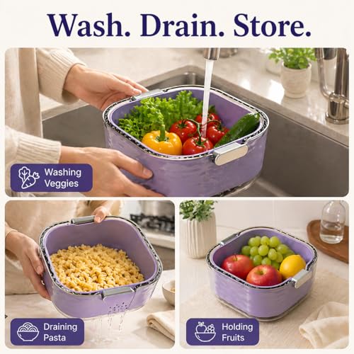 Image of 3-in-1 Vegetable Washing Basket with Drain Tray Set of 3 | Kitchen Strainer & Colander Bowl | Wash, Drain & Store Fruits, Pasta & Veggies | BPA-Free Durable Plastic (Purple)