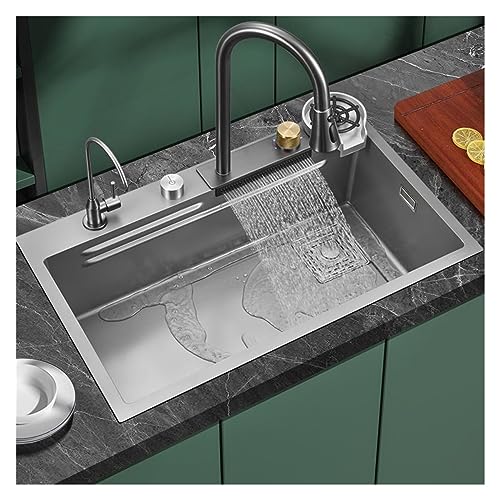 TJWZSAST Kitchen 304 Stainless Steel Flying Rain Waterfall Sink Grey Household Large Single Tank Vegetable Washing Basin Bowl Pool(7546 T2)