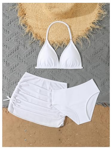 Image of RoseSeek Girl's 3 Piece Cute Bowknot Bathing Suit Halter Triangle High Waisted Swimsuit with Beach Cover Up Skirt