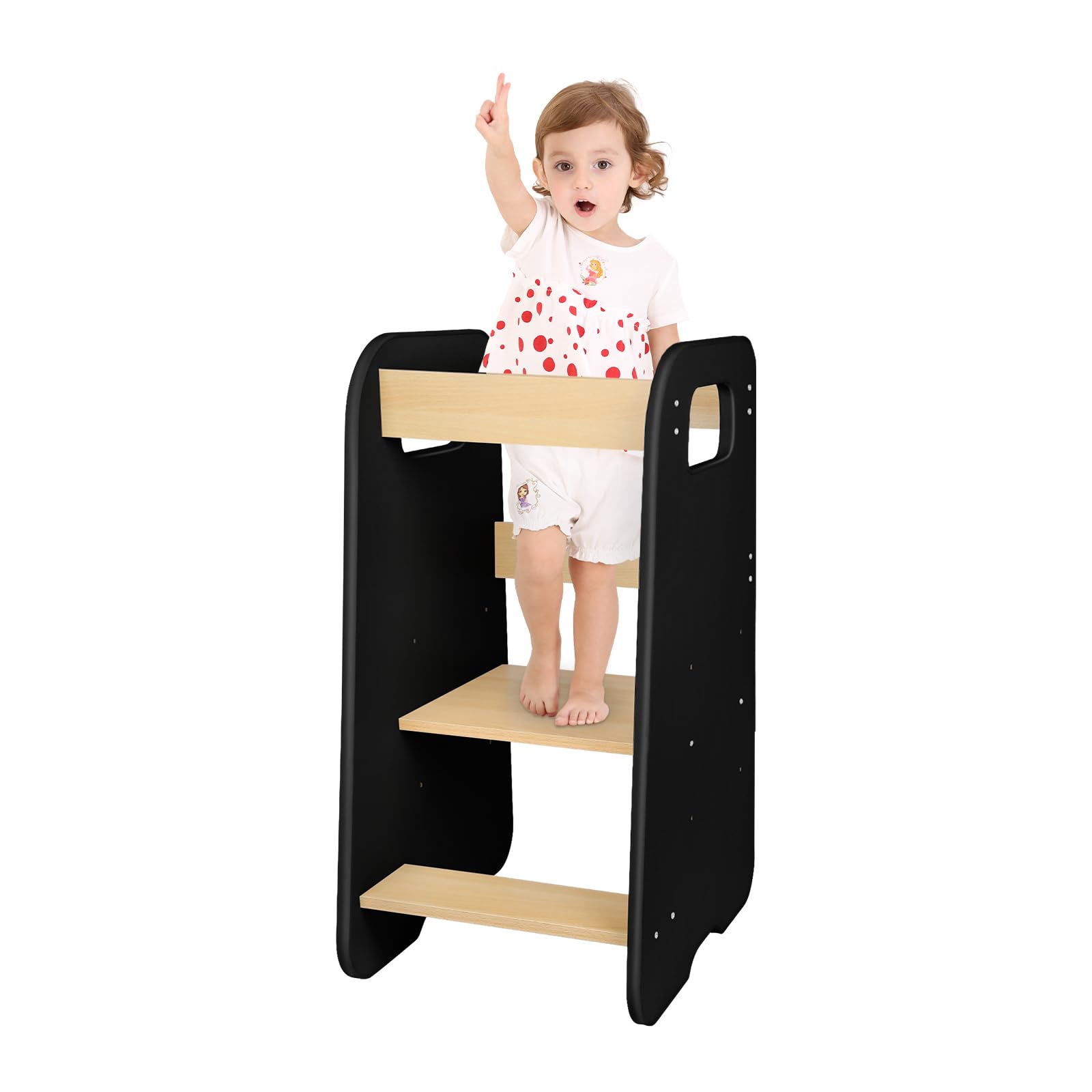 Torre de aprendizaje plegable de madera, 3 niveles ajustables, negro y natural, mango giratorio 88 x 45 x 45 cm (negro - C)