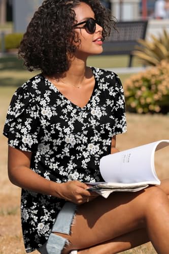 Image of CATHY 2026 Women Tops Summer Short Sleeve Tunic V Neck T-Shirts Loose Casual Floral Blouse S-4XL