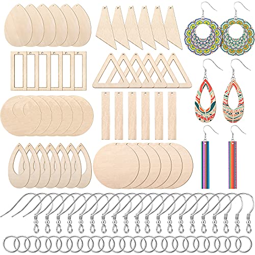 198 Pieces Wooden Dangle Earring Making Kit, Including 48 Pieces Wooden DIY Pendants 100 Pieces Jump Rings and 50 Pieces Earring Hooks for DIY Craft Jewelry Making Supplies (Wood Color)