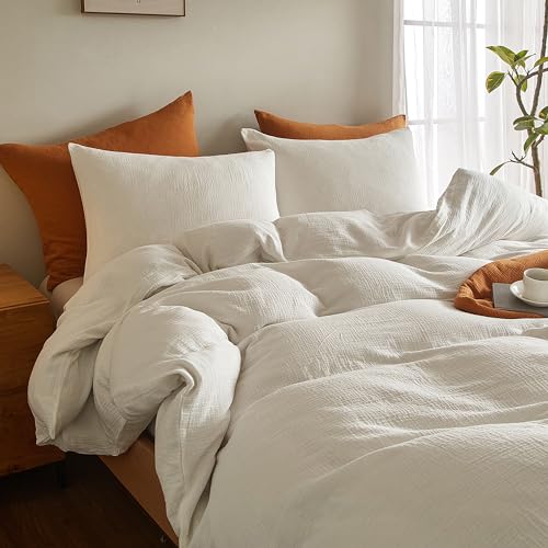 SE SOFTEXLY Muslin Duvet Cover Twin Size, 100% Washed Cotton Duvet Cover Set, Ultra Soft Comforter Cover Linen Like, 2 Pieces Minimalist Gauze Duvet Cover with 1 Pillowcase, 68"x90", White