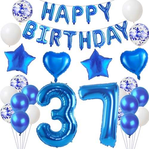 Globos de 37 cumpleaños con diseño de hombre de color azul, juego de globos de 37 años, decoración de cumpleaños para hombre (37)