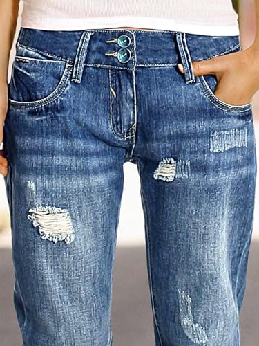 Flamingals Women's Straight Leg Mid Rise Vintage Wash Ripped Distressed Denim Jeans with Pockets3