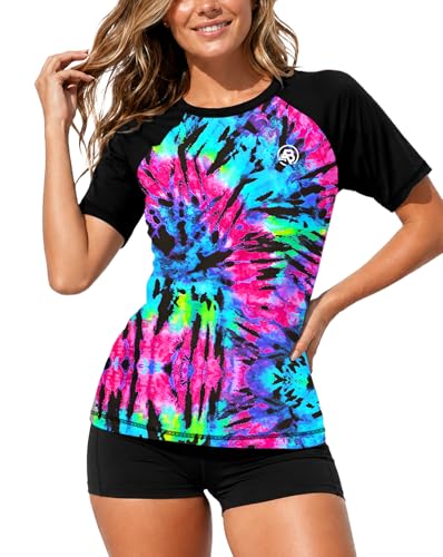 Image of AOBUTE Women Short Sleeve Rash Guard Gradient Sun Protection Swim Shirts