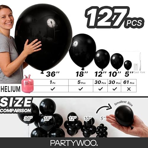Image of PartyWoo Black Balloons 127 pcs Different Sizes Pack of 36 18 12 10 5 Inch Matte Black Latex Balloon Arch Kit Garland for Graduation Halloween New Year Anniversary Birthday Party Decorations Black-Y18