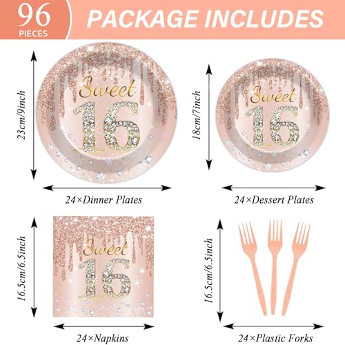 Image of 96PCS Rose Gold Sweet 16th Birthday Party Paper Plates and Napkins Sixteenth Birthday Party Decoration 16 Years Old Disposable Cake Dessert Tableware Set Serves 24 Guests Girls Ladies Supplies Favor | Sixteenth Birthday Party Decor 16 Years Old Disposable Cake Dessert Tableware Set Serves 24 Guests Girls Ladies Supplies