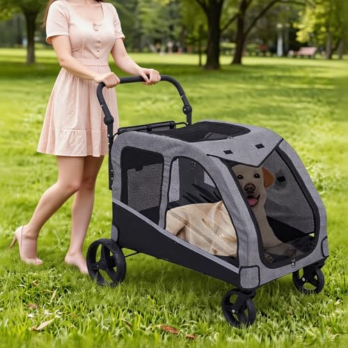 Image of Saudism Dog Stroller for Large & Medium Dogs (up to 160lbs), Pet Stroller for 2 Small Dogs, Extra Large Heavy Duty, Dog Wagon Foldable & Adjustable Handle with Pocket, Grey